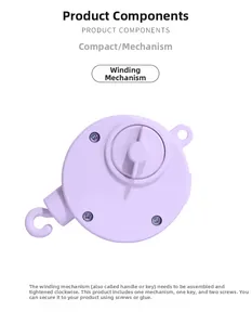 Mechanisches Spieluhr-Uhrwerk in lila Kunststoffgehäuse mit Aufziehschlüssel und Schrauben