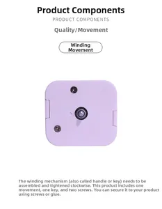 Mechanical wind-up music box movement with central axis and purple plastic shell