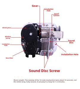 Mechanical 18-note music box movement with annotated parts and technical parameters