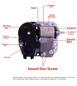 Mechanical 18-note music box movement with gears, spring, and sound plate components