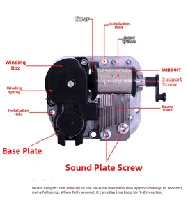Mechanical 18-note music box movement with alloy base and stainless steel cylinder details