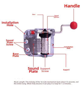 Detailed diagram of 18-note hand-crank music box movement with silver alloy mechanism