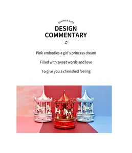 Detailed view of pink, red and blue carousel music boxes with festive painted textures