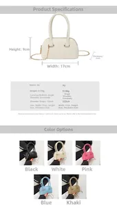 Detailed size specifications and color selection for the mini shell crossbody handbag
