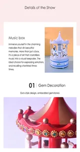 Detail of carousel music box in blue-white and red-gold finishes with faux gems