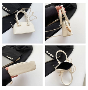 Detail view of cream shell bag with lychee texture and gold chain strap in four angles