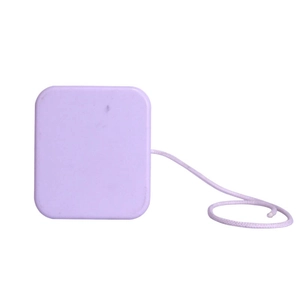 Minimalist lavender square music box mechanism with matching hanging cord on white background