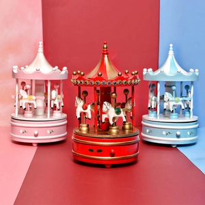 Carousel Music Box Wooden Rotating Wind Up Mechanical Decorative Desktop Ornament For Christmas Birthday Gifts Kids Girls