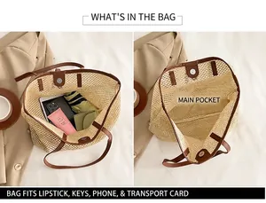Detail view of large straw tote bag featuring main pocket and spacious interior storage