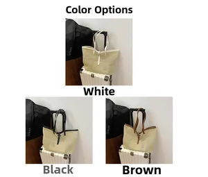 Detailed comparison of woven straw tote bags in white, black, and brown color options