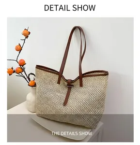 Detail showing the intricate mesh weave texture and brown leather strap of the tote bag