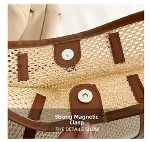 Detail of strong magnetic snap closure on woven tote bag with brown faux leather trim