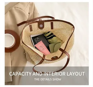 Capacity display of straw tote bag with brown leather handles and magnetic closure