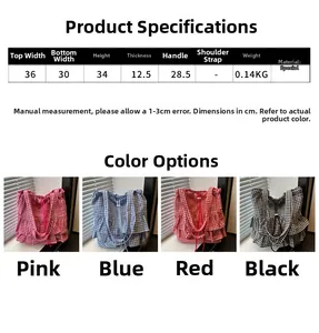 Size chart showing dimensions and colors of the ruffled plaid tote bag for women