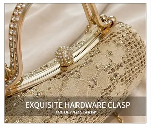 Détail du tissu en dentelle pailletée et du fermoir doré serti de cristaux sur le sac chic