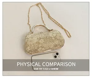 Détail du sac de soirée champagne doré avec motif floral en dentelle et strass brillants