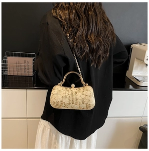 Détail d'un sac de soirée en dentelle beige avec fermoir en strass et chaîne en métal