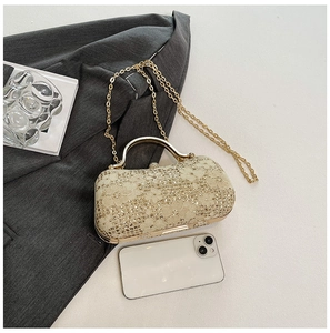 Détail du sac de soirée à paillettes champagne avec dentelle et poignée métallique