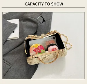 Vue de la capacité interne du sac de soirée montrant téléphone et maquillage