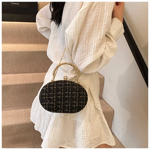 Detail of tweed shell evening bag with golden metal handle and chain strap on model