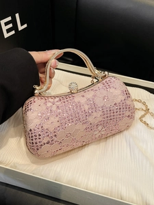 Sac de Soirée de Luxe Paillettes Dentelle Florale pour Femmes Poignée Métal Serrure Strass Mariage Fête Sac à Bandoulière