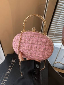 Elegant Tweed Evening Bag With Gold Metal Ring Handle And Rhinestone Ball Clasp Oval Woven Crossbody Clutch For Women