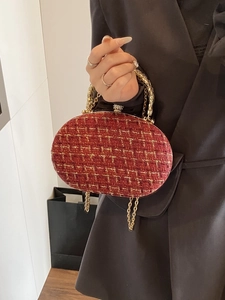 Elegant red tweed chain handbag with gold threads and crystal clasp for women