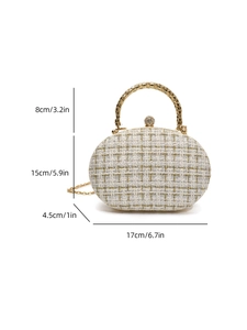 White tweed chain crossbody bag showing precise product dimensions and gold handle