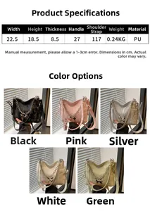 Detailed size chart and five color variants of butterfly ribbon shoulder bags