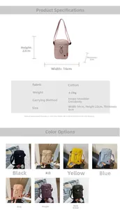 Detailed size specifications and multi-color options for the fabric crossbody travel bag