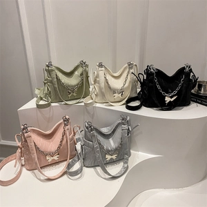 Fashion bow shoulder bag with chain in green, white, black, pink, and silver colors