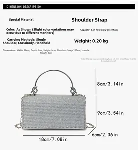 Detailed size chart for silver glitter evening bag with dimensions 18x6x9cm and metal handle