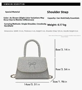 Detailed size specifications of silver glitter handbag with metal bow and chain strap