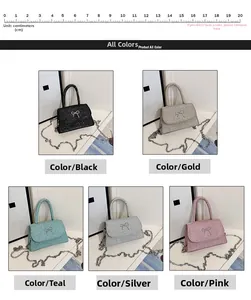 Detailed comparison of glitter bow mini square bags in black, gold, blue, silver, and pink