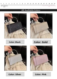 Glitter evening clutch bags in four colors with metal handles and 20cm size guide