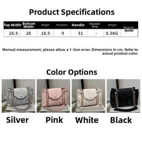 Detailed size chart and dimension specs for women chain shoulder bag in four colors