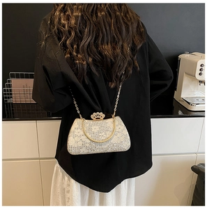 Detail view of a luxury white lace party evening bag worn over the shoulder by a model