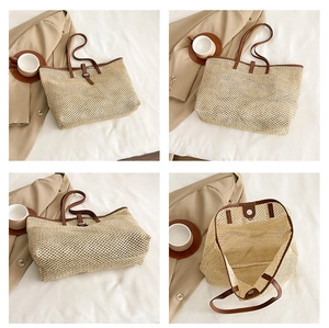 Close-up of woven tote bag featuring leather handles and magnetic closure detail