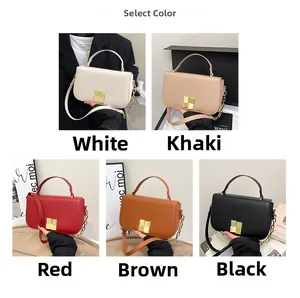 Detail van minimalistische vierkante crossbodytassen in wit, kaki, rood, bruin en zwart