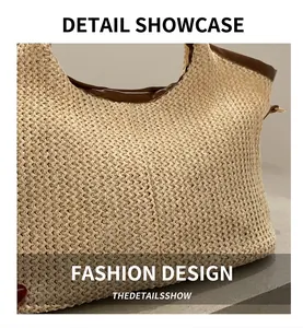 Close-up of woven straw tote bag with brown leather trim and intricate texture detail