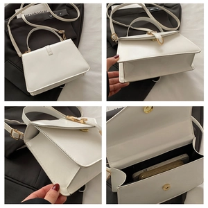 Detailed views of a white minimalist PU leather bag showing interior capacity and golden lock