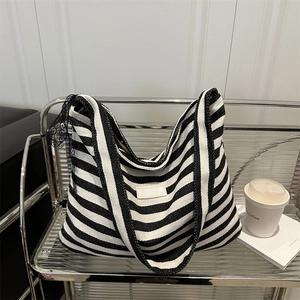 Sac Fourre-tout en Toile à Rayures de Grande Capacité pour Femmes Sac à Bandoulière Minimaliste Avec Nœud en Dentelle Sac Sous l'aisselle Décontracté