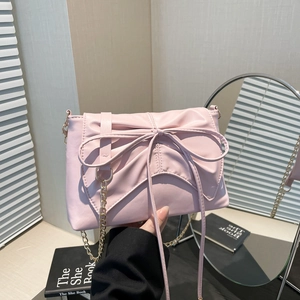 Women Fashion Bow Decor Crossbody Bag PU Leather Pleated Shoulder Bag With Gold Metal Chain Casual Commuting Underarm Bag