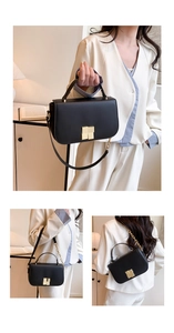 Vue triple d'un sac bandoulière en cuir noir avec fermoir doré porté par un mannequin