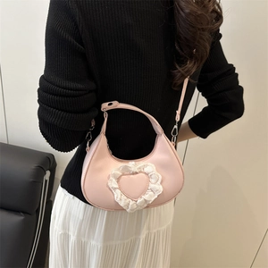Chic pink heart underarm bag with lace trim and detachable strap for women fashion