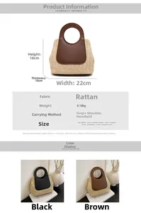 Size chart showing height 18cm, width 22cm, and depth 10cm for this straw handbag