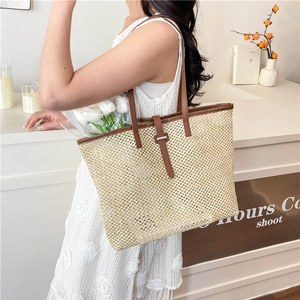 Chic woven tote bag for women with brown leather straps for summer vacation styling