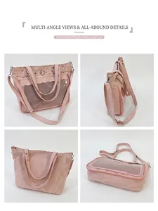 Vue détaillée sur quatre angles du sac ita rose avec boucle coeur et fenêtre en maille
