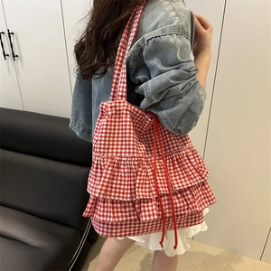 Red and white checkered tote bag with ruffled layers and drawstring for women