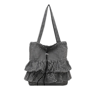 Sac cabas à carreaux avec doubles volants et fermeture à cordon noir pour femme